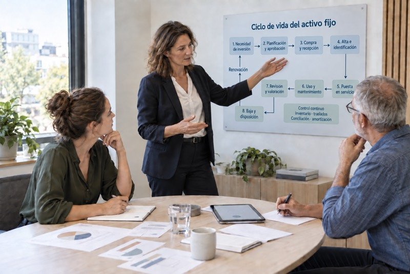 Escena ilustrativa: una consultora explica en una pizarra el ciclo de vida completo del activo fijo, desde la necesidad de inversión hasta la baja, con control continuo de inventario, traslados, conciliación y amortización.
