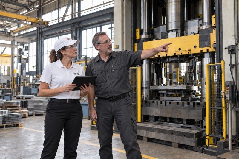 Escena ilustrativa: profesionales inspeccionan una prensa industrial con apoyo de una tableta para su valoración.